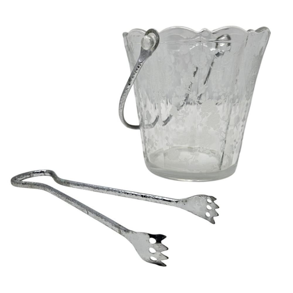 Vintage 30s Cambridge Rose Point Clear Ice Bucket With Tongs Barware Cocktail